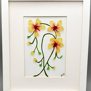Sea Glass Art,Yellow Orchid Framed Coastal Wall Hanging (9x11)