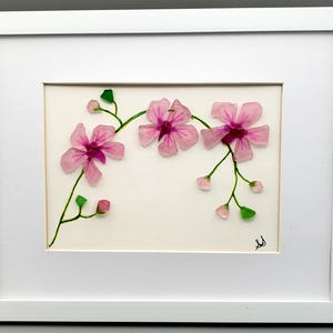 Sea Glass Art, Pink Orchid,Framed, minimalist wall decor, Genuine Seaglass.