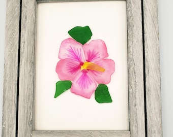 Sea Glass Art, Pink Hibiscus Large Flower, 3D Floral Beach Decor
