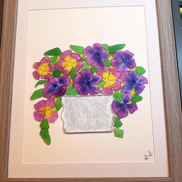 Sea Glass Art, Pansy basket,floral Beach Glass, Framed 11"x9" Wall Hanging, Vibrant Coastal Art, Genuine Sea Glass,Purple seaglass flowers