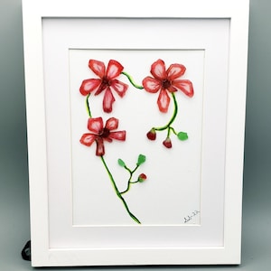 Sea Glass  Art: Red Orchid  Framed Coastal Wall Decor, Genuine seaglass