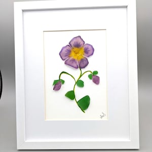 Purple Pansy Sea Glass Art: Coastal Wall Hanging, Framed Beach Decor