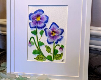 Sea Glass Art, Purple Pansy Art:  Flower Tropical Coastal Wall Hanging, Framed 8x10