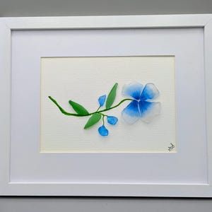 Sea Glass Art: Blue flower, Minimalist Coastal Botanical Decor, genuine seaglass