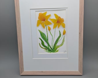Sea Glass Art, Daffodil Wall Hanging, Coastal Beach House Decor, March Birth Flower