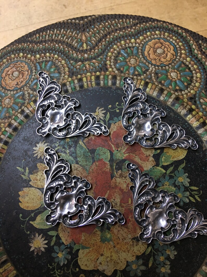 Four Decorative Metal Corner Pieces Silver Plated Etsy