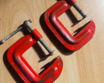 Vintage Stanley 1" C Clamps, Red Patina Woodworking Tools (Pair)
