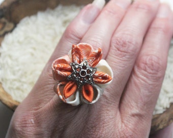 Orange and Antique Button Tsumami Zaiku Flower Ring