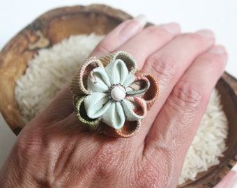 Muted Rose and Green with Blue and Stone Tsumami Zaiku Flower Ring