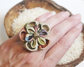 Muted Rose and Green with Purple and Gold Tsumami Zaiku Flower Ring