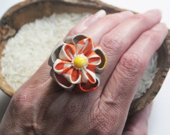 Modern Gray and Orange Tsumami Zaiku Flower Ring