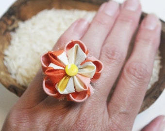 Modern Orange Tsumami Zaiku Flower Ring