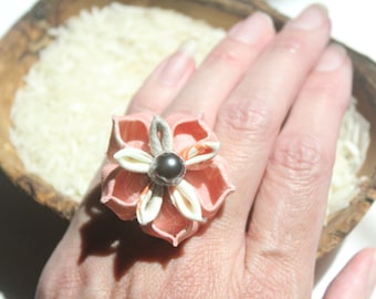 Pink with Orange and Black Pearl Tsumami Zaiku Flower Ring