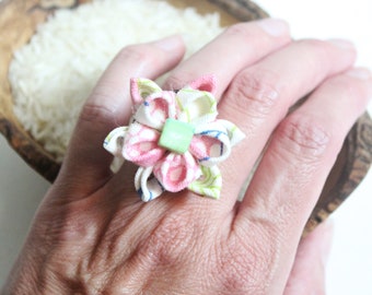 Pink and Green Stone Tsumami Zaiku Flower Ring