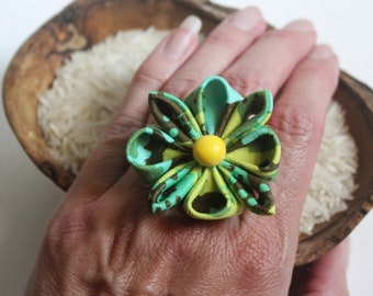 Green and Yellow Large Tsumami Zaiku Flower Ring