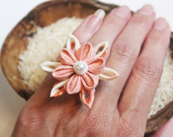 Pink with Orange Pearl Tsumami Zaiku Flower Ring