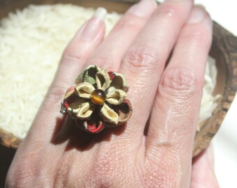 Yellow Silk Tigers Eye Tsumami Zaiku Flower Ring