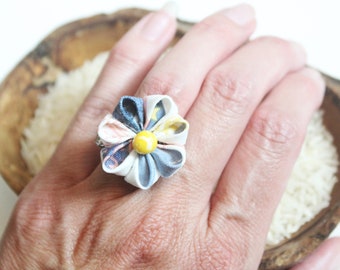 Blue and Yellow Tsumami Zaiku Flower Ring