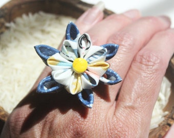Blue and White with Yellow Tsumami Zaiku Flower Ring