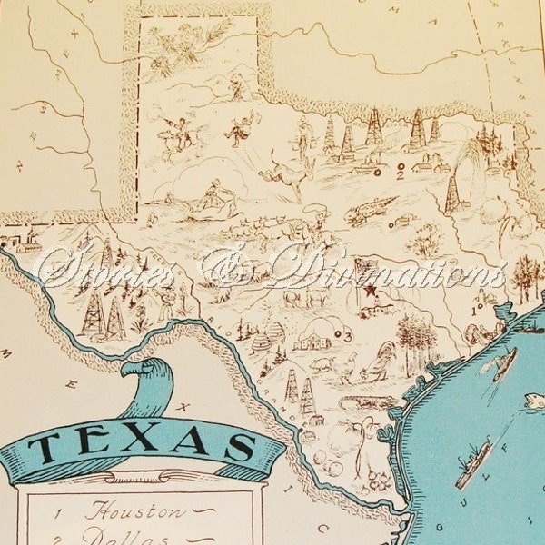 Vintage Maps - Texas Map - A Fun and Funky 1930s Vintage Picture Map to Frame