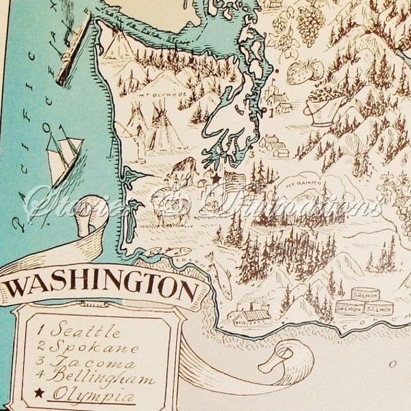 Antique Washington State Map - Original - Cottage Chic - A Fun and Funky 1930s Picture Map of Washington to Frame