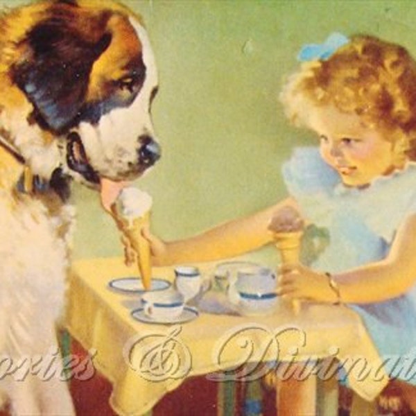 Dog Lovers - Saint Bernard with Ice Cream - Original 1930s Vintage Chromolithograph for the Childrens Room