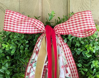 Guirnalda navideña con lazo, idea de decoración para el porche, para la puerta, corona de Papá Noel, cinta, cuadros rojos, lazo navideño con clip, accesorio de guirnalda intercambiable, temporada