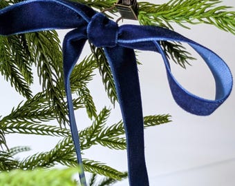 Lazo de terciopelo azul real con clip para decoración navideña, lazo para árbol de Navidad, lazo con clip para corona, mini lazo de terciopelo estilo vintage, conjunto de lazos de color suave.