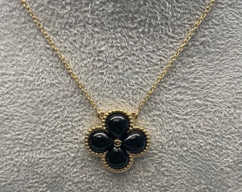 スターリングシルバー ブラックオニキス クローバーネックレス