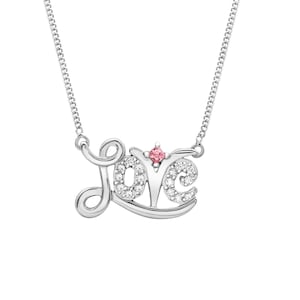 Pendentif LOVE diamants et saphirs roses en or blanc 10 carats