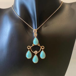 Antique Inspired 14KT Gold Plated Girandole Style Necklace set with Created Turquoise and CZ’s