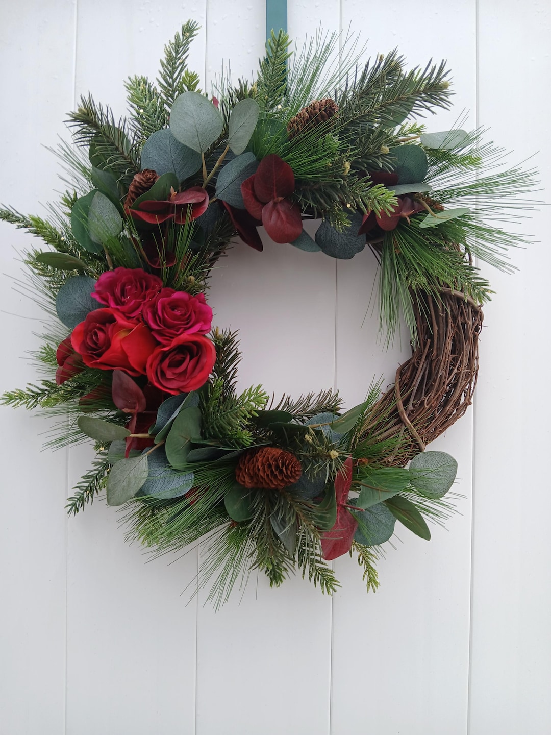 Winter and Valentine's Day Wreath, Red Roses, Evergreen, and Gold ...