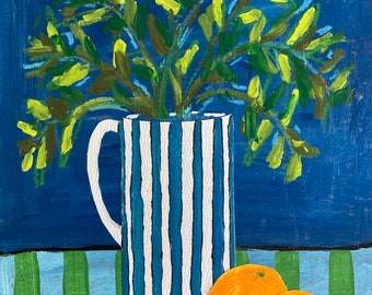 8x10 original mixed media on wood panel, greenery in vase with oranges