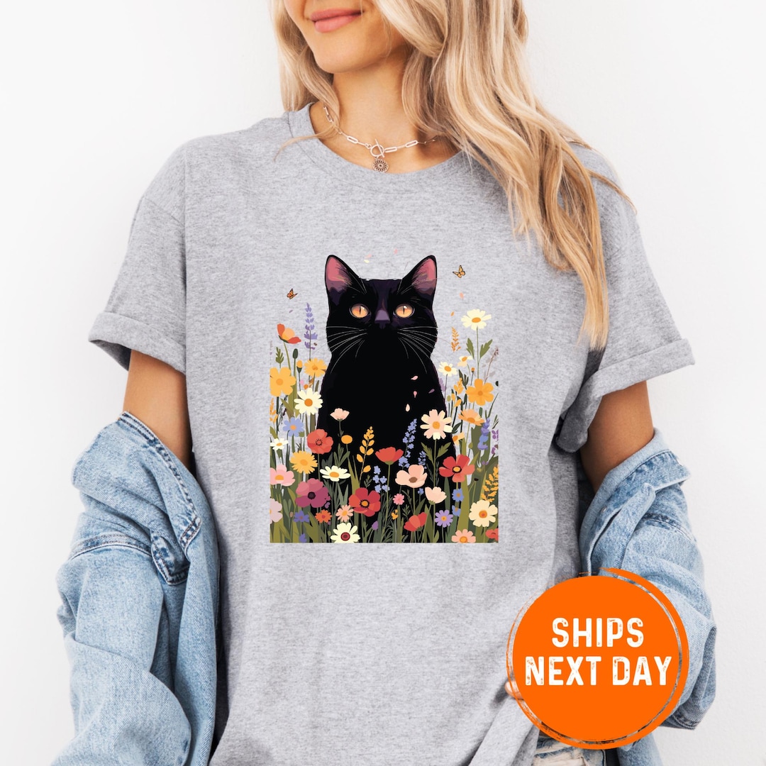 Vintage Black Cat Floral Shirt, Boho Wildflower Graphic Tee for Cat ...