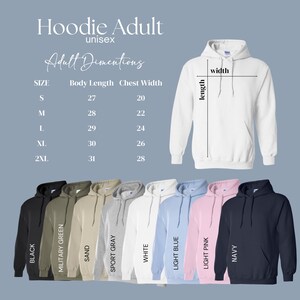 a collection of adult hoodie sizes and corresponding measurements, along with a white hoodie in the center.