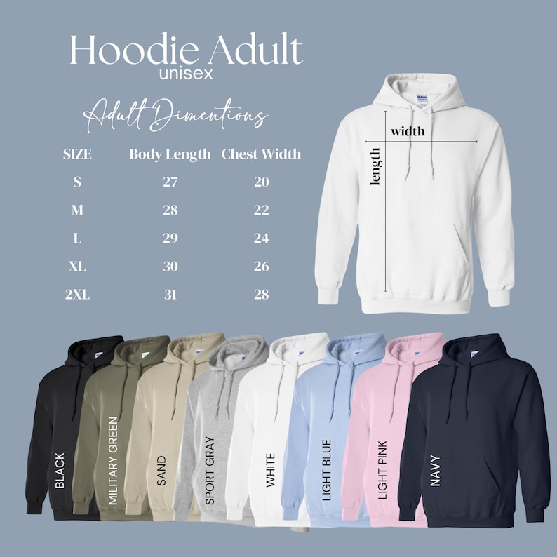 a collection of adult hoodie sizes and corresponding measurements, along with a white hoodie in the center.