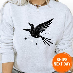 Celestial Bird Sweatshirt Flying Bird Night Sky Moon Stars, Distressed Graphic Sweatshirt Bohemian Style Trendy Boho Design Folk Art