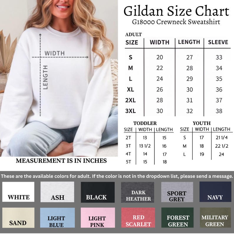 The image is a size chart for a crew neck sweatshirt, showing the measurements and corresponding colors for different age groups.