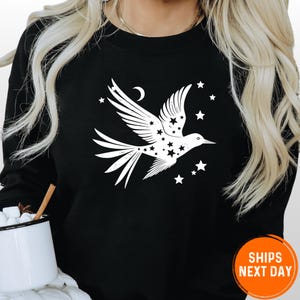 Celestial Bird Sweatshirt: Vintage Moon & Stars Graphic, Bohemian Style