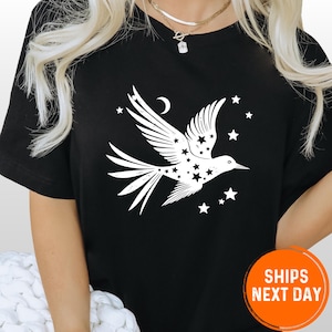 Celestial Bird Comfort Colors Shirt Flying Bird Night Sky Moon Stars Tees Vintage Bird Graphic Shirt Bohemian Style Shirt