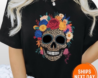 Floral Skull Comfort Colors Shirt: Witchy Botanical Halloween Tee