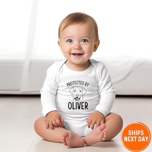 Protected By Dog Onesie,  Personalized Bodysuit, Custom Baby Onesie