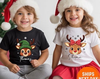 Custom Reindeer Name Shirt, Personalized Kids Christmas Toddler Tee