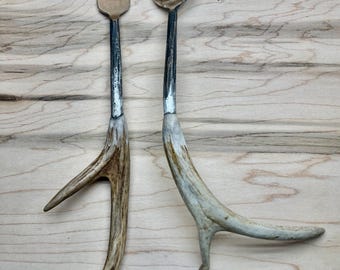 Tenedor y cuchara para servir de asta de ciervo