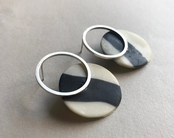 Double Circle Black Striped Earrings, 925 Sterling Silver Hoops with Clay charm, Round Stud and Drop Earrings