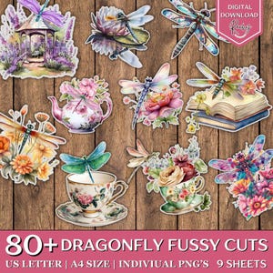 May include: A collection of over 80 dragonfly fussy cuts in various designs, including dragonflies with flowers, teacups, and a gazebo. The images are colorful and in a watercolor style. The text at the bottom reads "80+ DRAGONFLY FUSSY CUTS".