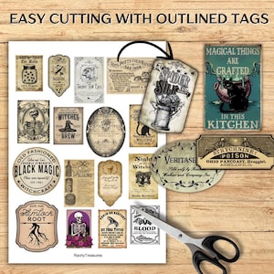 May include: A collection of vintage-style Halloween-themed tags and labels with various designs. The tags feature illustrations of skeletons, potions, and other spooky elements. The text "EASY CUTTING WITH OUTLINED TAGS" is at the top.