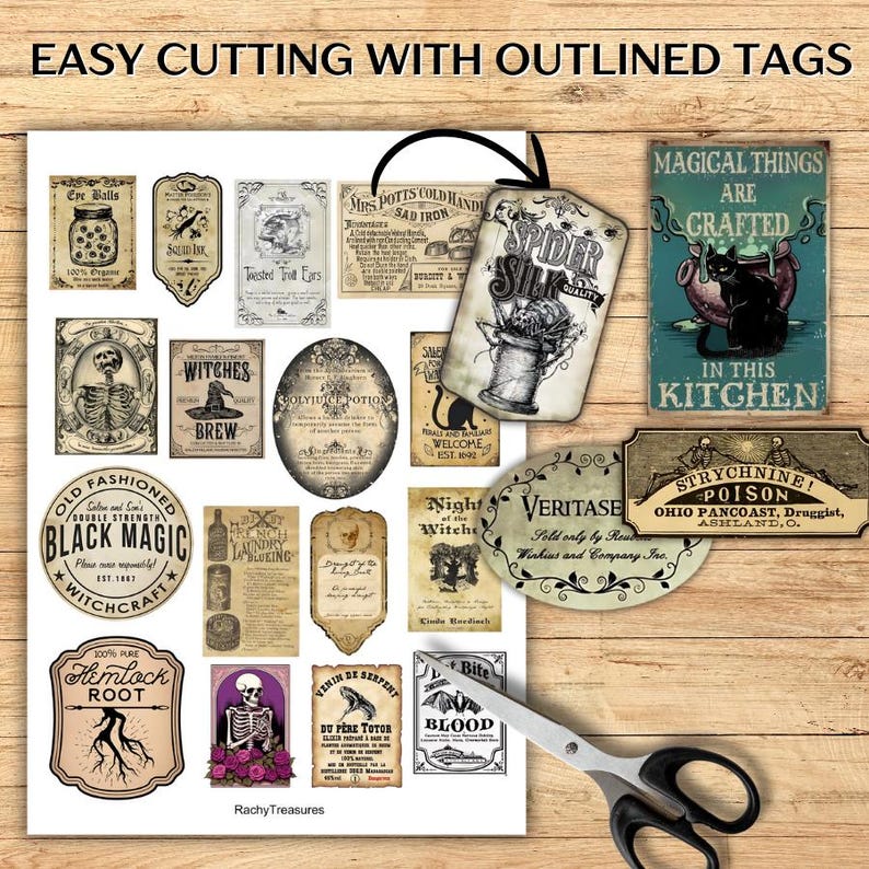 May include: A collection of vintage-style Halloween-themed tags and labels with various designs. The tags feature illustrations of skeletons, potions, and other spooky elements. The text "EASY CUTTING WITH OUTLINED TAGS" is at the top.