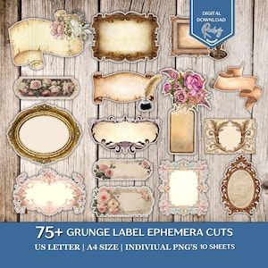 Pode incluir: Uma coleção de recortes de efemérides em estilo vintage, incluindo molduras ornamentadas, pergaminhos e etiquetas. Os designs apresentam detalhes florais e texturas de papel envelhecido. A imagem inclui o texto "75+ GRUNGE LABEL EPHEMERA CUTS" e "DIGITAL DOWNLOAD Packey".
