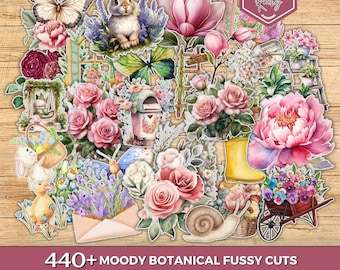 440 + Moody Botanicals Fussy Cuts, Floral Fussy Cuts, Flower Fussy Cuts, Junk Journal Kit, Scrapbook Supplies, Fussy Cut, Floral Ephemera